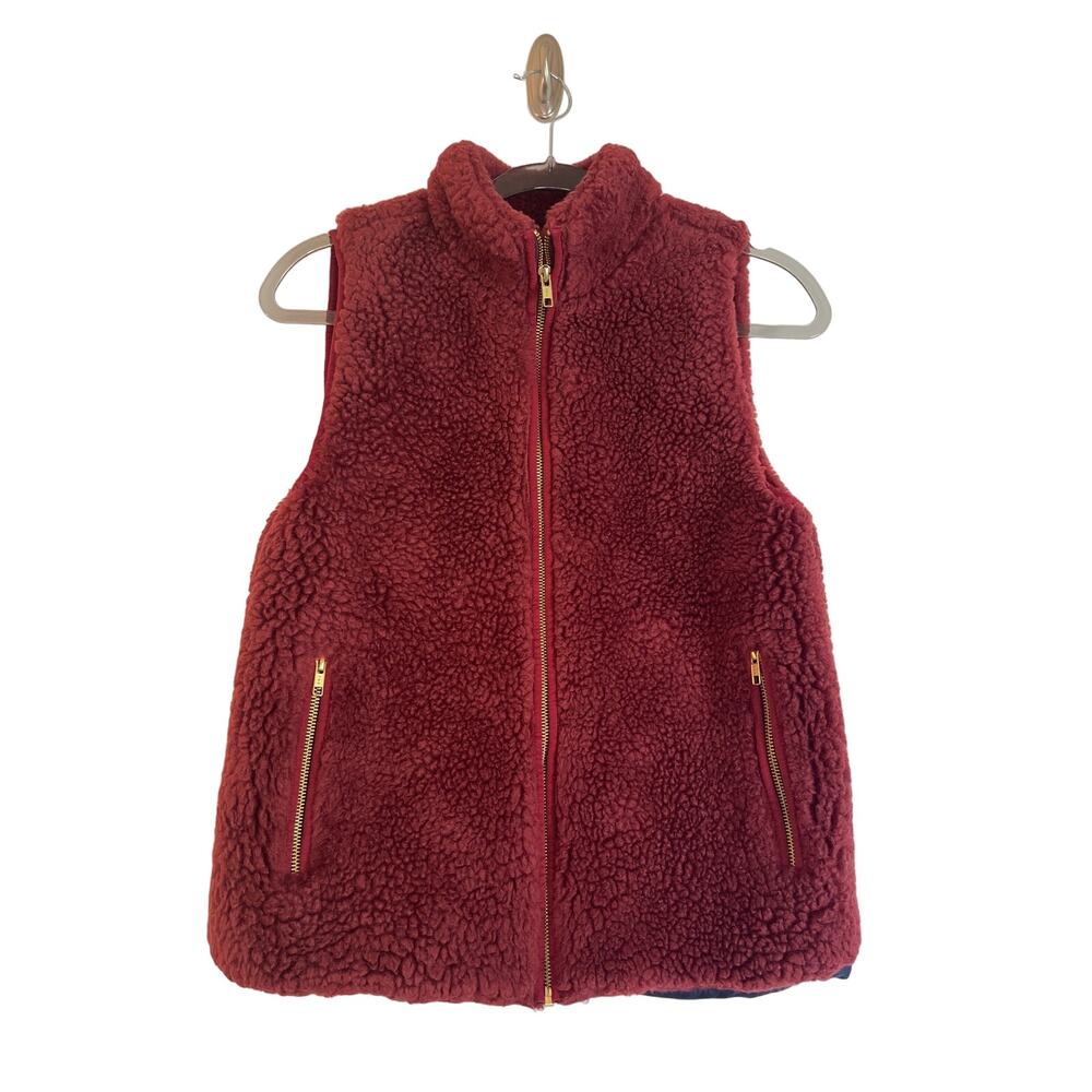 J. Crew Womens Full Zip Teddy Sherpa Vest Size XS Maroon Zip Pockets Lined Fall - Picture 1 of 8